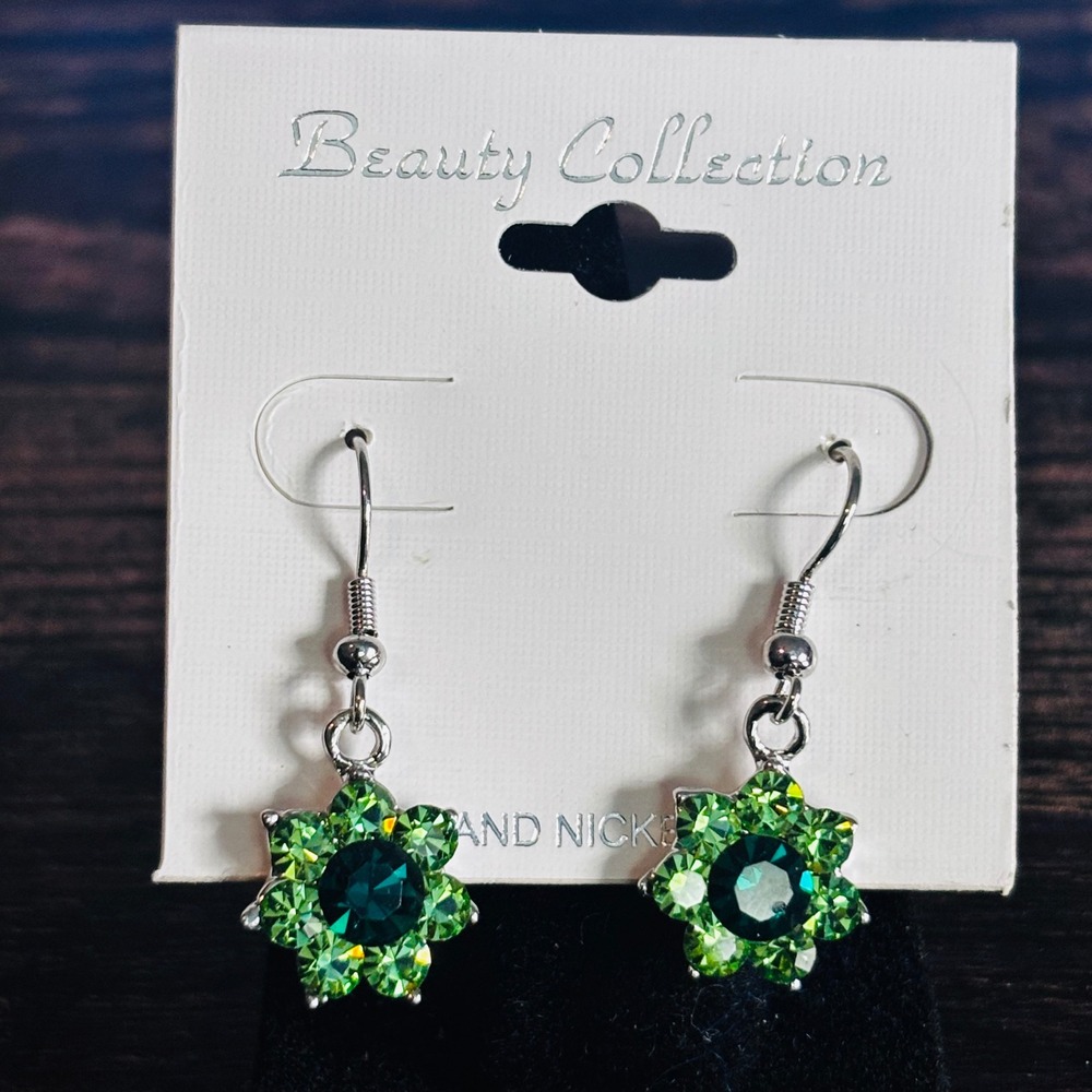 Beauty Collection Green Crystal Flower Drop Earrings Silver Tone Floral Jewelry